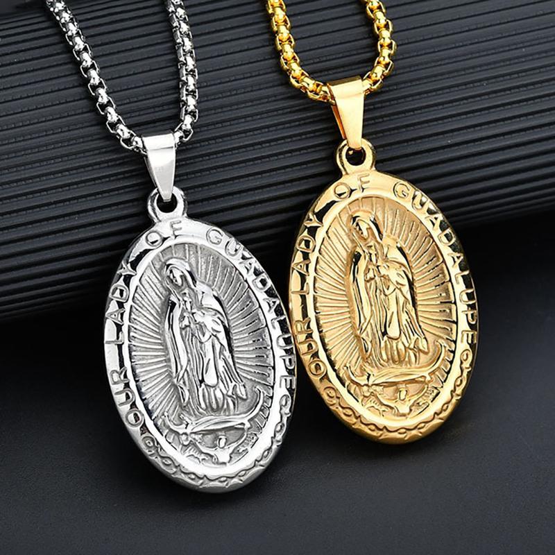 

Chains European And American Retro Religious Jewelry, Virgin Mary Of Guadalupe Relief Pendant, Stainless Steel Necklace For Men Wom, Silver