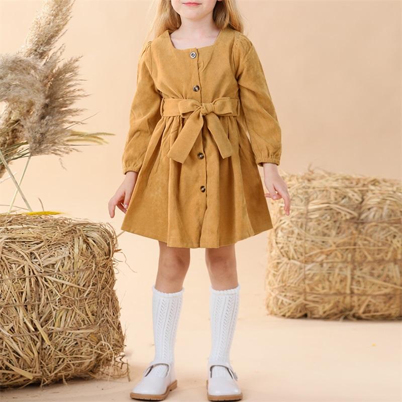 

Girl's Dresses Girl Dress, Square Neck Long Lantern Sleeve Tie Up High Waist With Belt Solid Color Loose Hem Skirt, Red;yellow