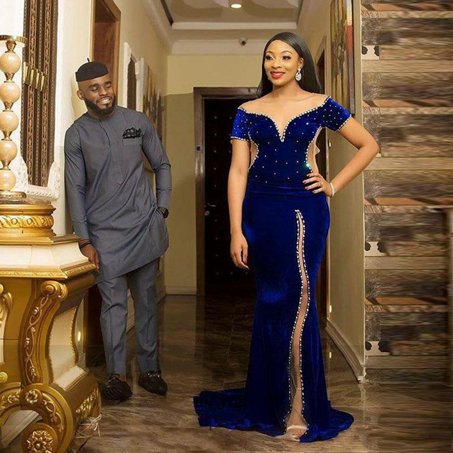 

2021 Royal Blue Mermaid Evening Dresses Sheer Scoop Slit Front Short Sleeve Beaded Sequined Velvet Prom Gowns Custom Made, Coral