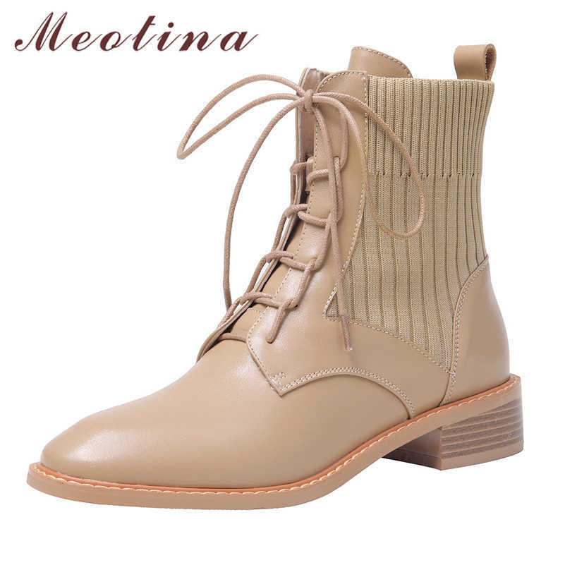 

Meotina Winter Ankle Boots Women Natural Genuine Leather Block Heel Short Boots Knitting Round Toe Shoes Lady Autumn Size 34-39 210608, Black pigskin lining