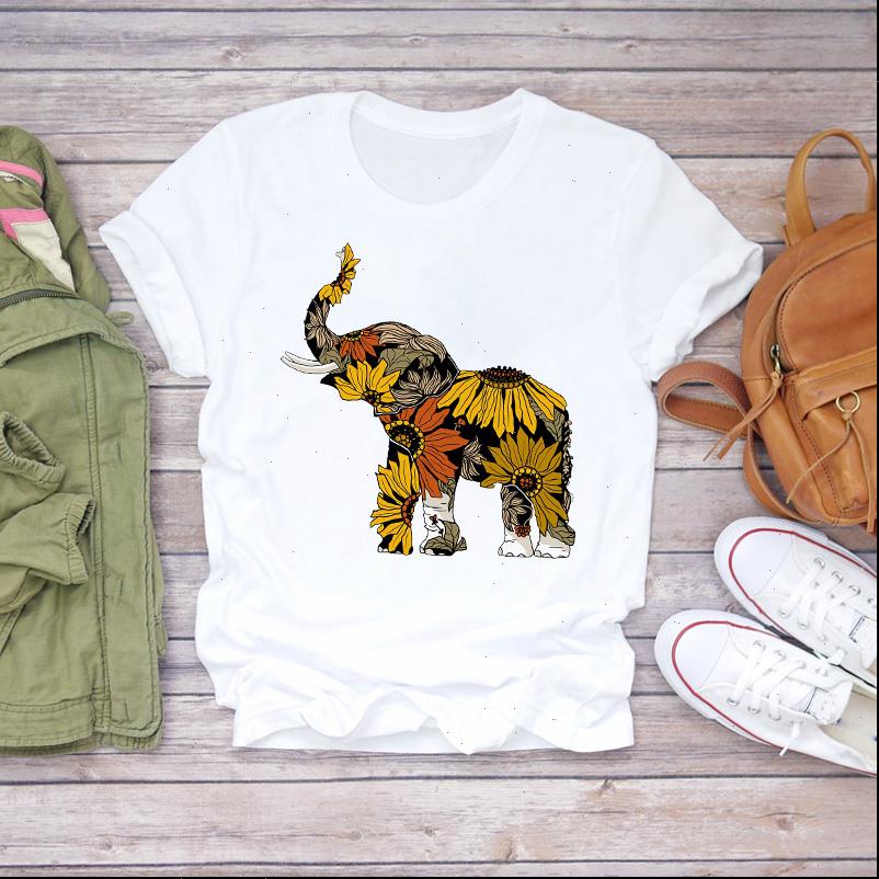 

elephant sunflower floral cute printing womens t shirt 90s print graphic tee, White