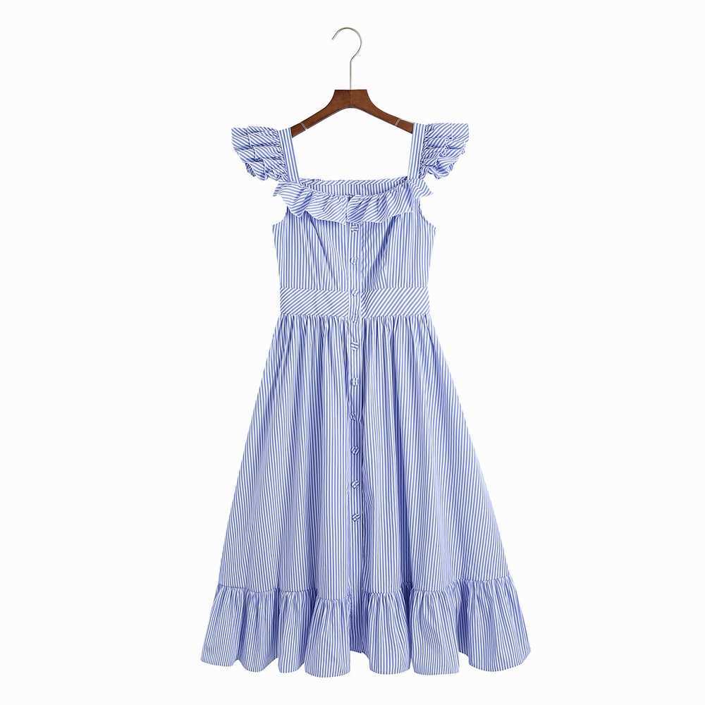 

Women Striped Dress Summer Fashion Frill Sleeve Modern Lady Sundress 210602