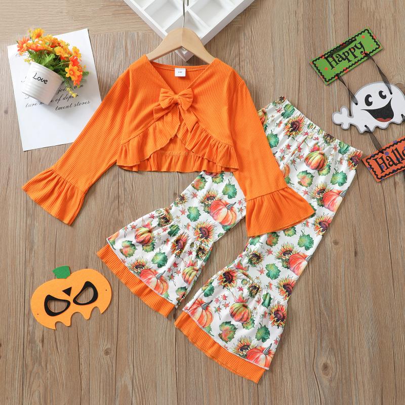 

Clothing Sets 2Pcs Kids Halloween Outfits Solid Color Flared-Sleeves Crop Tops Pumpkin Print Bell-Bottoms For Girls 18 Months To 6 Years, White