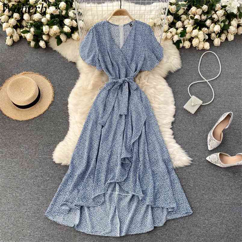 

Floral Print Short Sleeve Wrap Dress Boho Beach Dresses Woman Ruffle Robe Bohemian Elegant Clothes Vestidos Mujer 210519, Army green