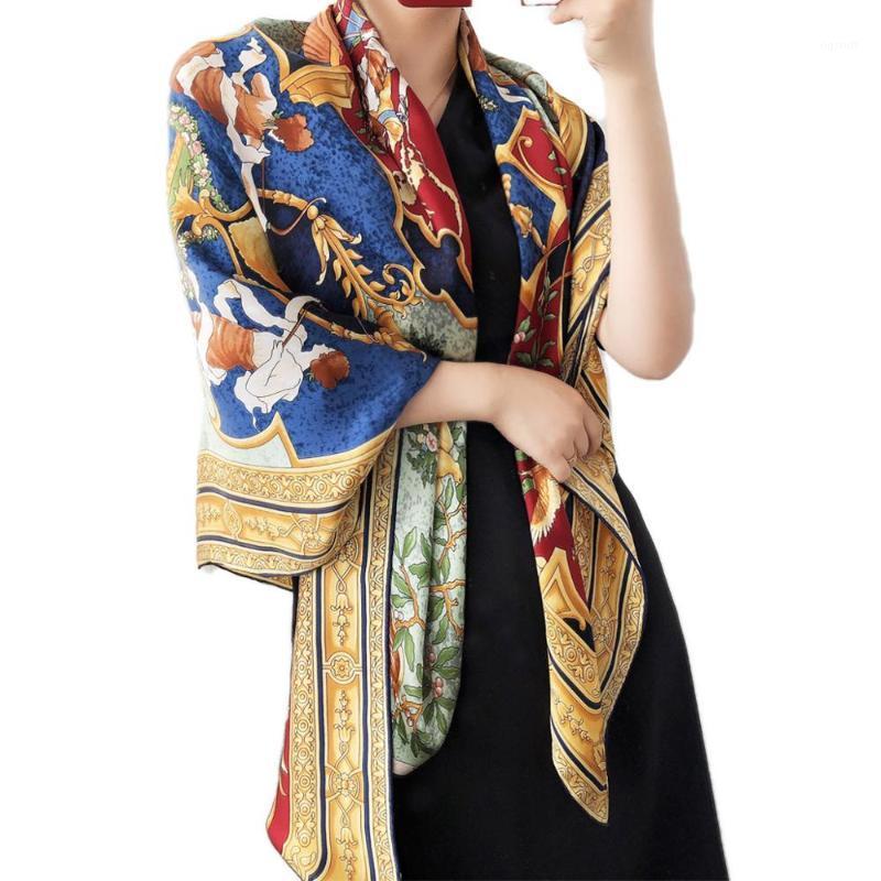 

Scarves Vintage 100% Silk Scarf Cape Women Oversized Square Shawl Wraps Outddor Beach Sunscreen For Mother Gift 140cm, Blue;gray