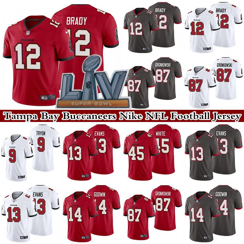 

12 Tom Brady 87 Rob Gronkowski 14 Chris Godwin 13 Mike Evans 2021 Super Bowl LV Champions Men's Stitched NFL Tampa Bay Buccaneers Nike Limited Football Jersey, White