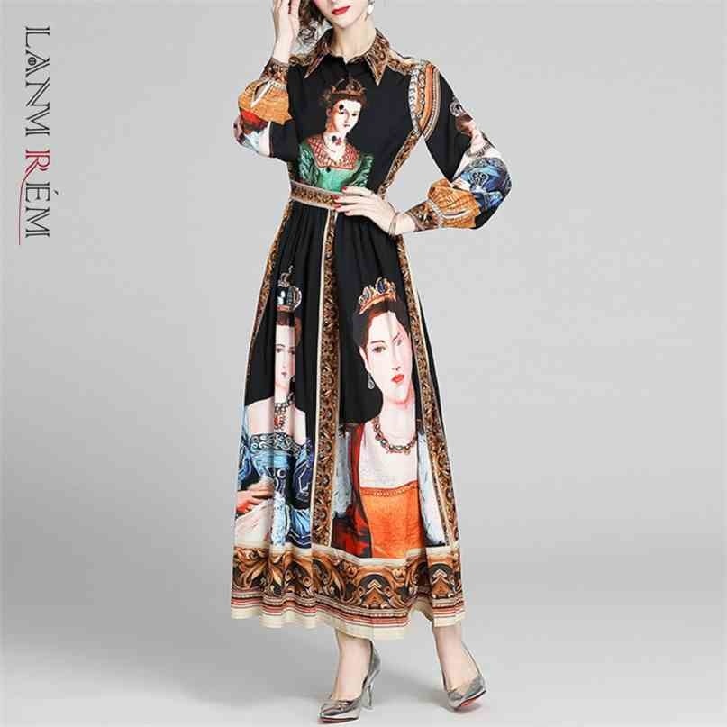 

Summer Printing Temperament Long Sleeve Lapel Shirt Dress Slim High Waist Vintage Women Dresses 2H177 210526, Black print