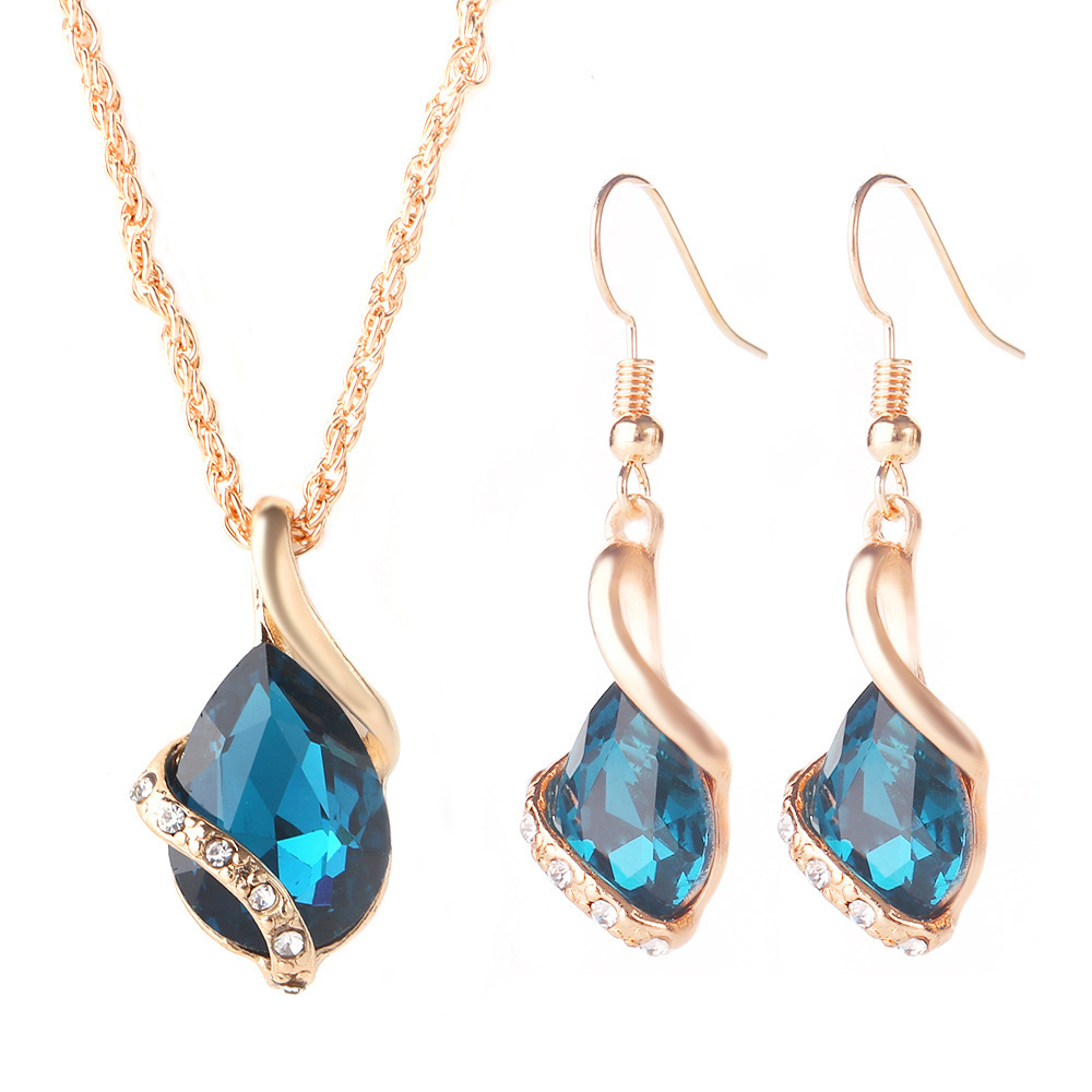 18K Gold Tear Drop Shape Diamand Pendant Dubai Necklace Earrings Jewelry Sets-image-726382048