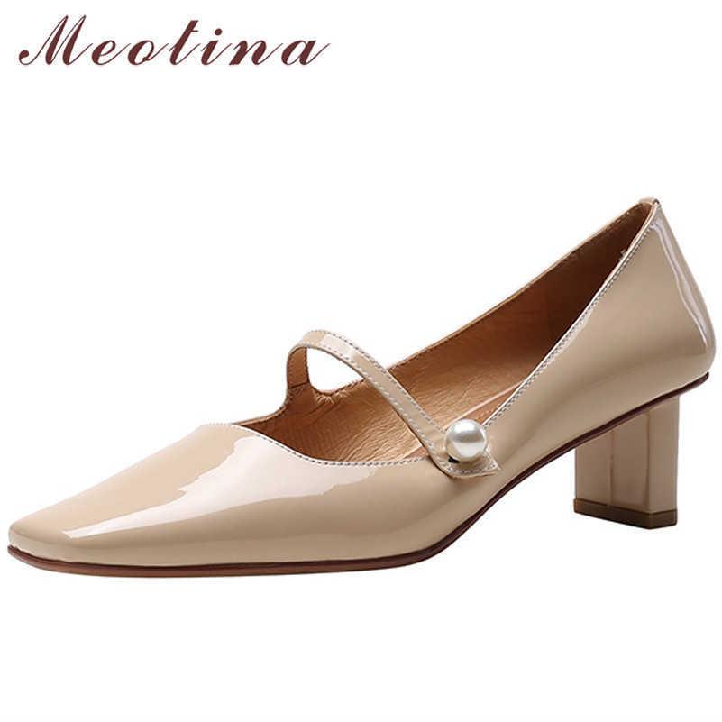 

Meotina High Heels Natural Genuine Leather Mary Janes Shoes Women Chunky Heel Dress Shoes Pearl Square Toe Pumps Female Footwear 210608, Apricot