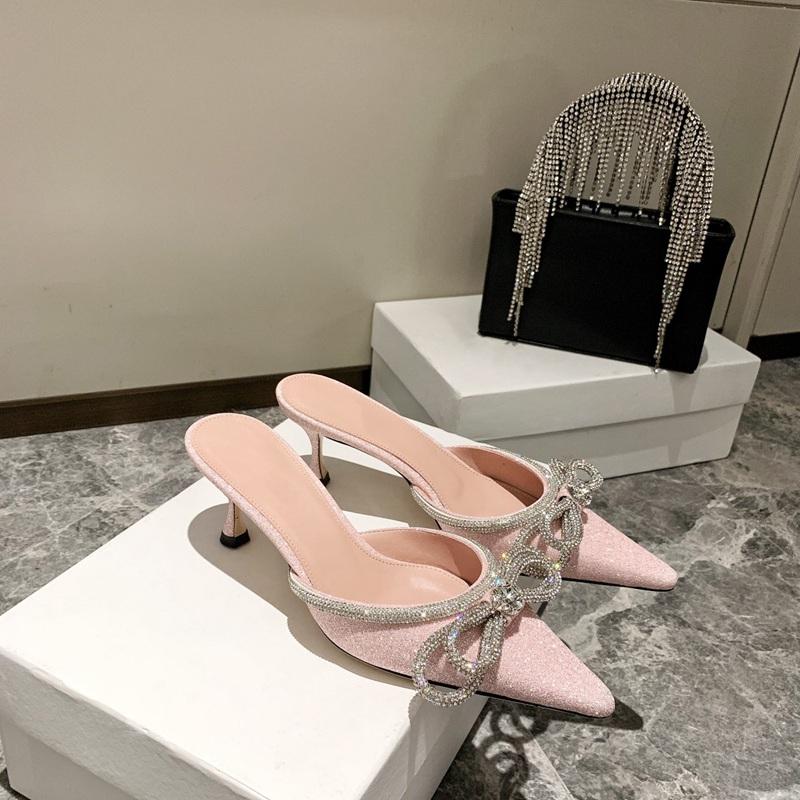 

Sandals Fashion Bling Women Silk Pointed Toe Sequins Designer Shoe Diamond Bow Dress 6cm High Heels Wedding Pink, Black