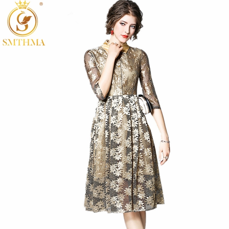 

Autumn Winte European Style Lace Dress Embroidered Sequined Women Vintage Elegant Party Dresses Vestidos 210520, Picture color
