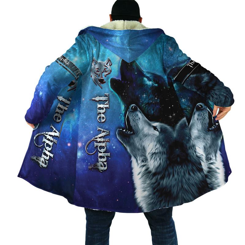 

men's trench coats fashion hooded cloak animal love wolf 3d print winter fleece casual thicken warm h024, Tan;black