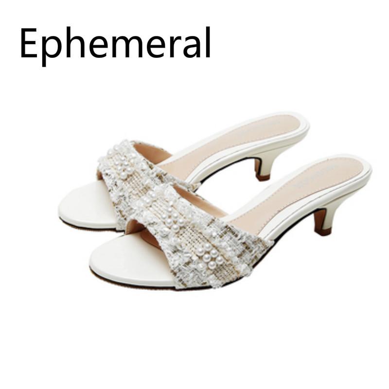 

Slippers Ladies 4cm Heel Slides Thin Heels Peep Toe Shoes Women Pumps Cute Mesh Air Crystal White Black 43 Arrivals