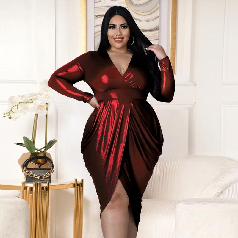 

Plus Size Dresses ZJFZML ZZ Women Clothing Elastic Bronzing Gold Fabric V Neck Long Sleeve Draped Dress Drop Wholesale, Black