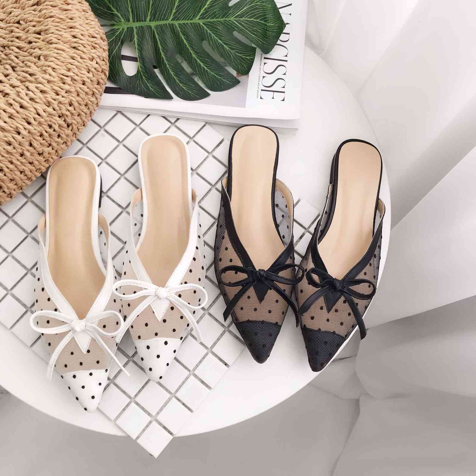 

slippers korean version of the red lace net yarn wave point pointed flat bottom half drag muller shoes slippers women z1jc, Black