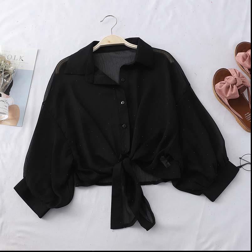 

black chiffon shirts women blouse blouses with buttons v neck tied up tribal short office lady, White