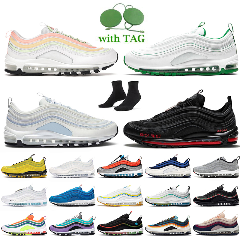 

97 Running Shoes Women Mens 97s MSCHF Satan Melon Tint Barely Volt Atomic Pink Pine Green Black Metallic Gold UNDEFEATED Obsidian Sports Trainers Sneakers Big Size 46, A15 undefeated bruins 36-45