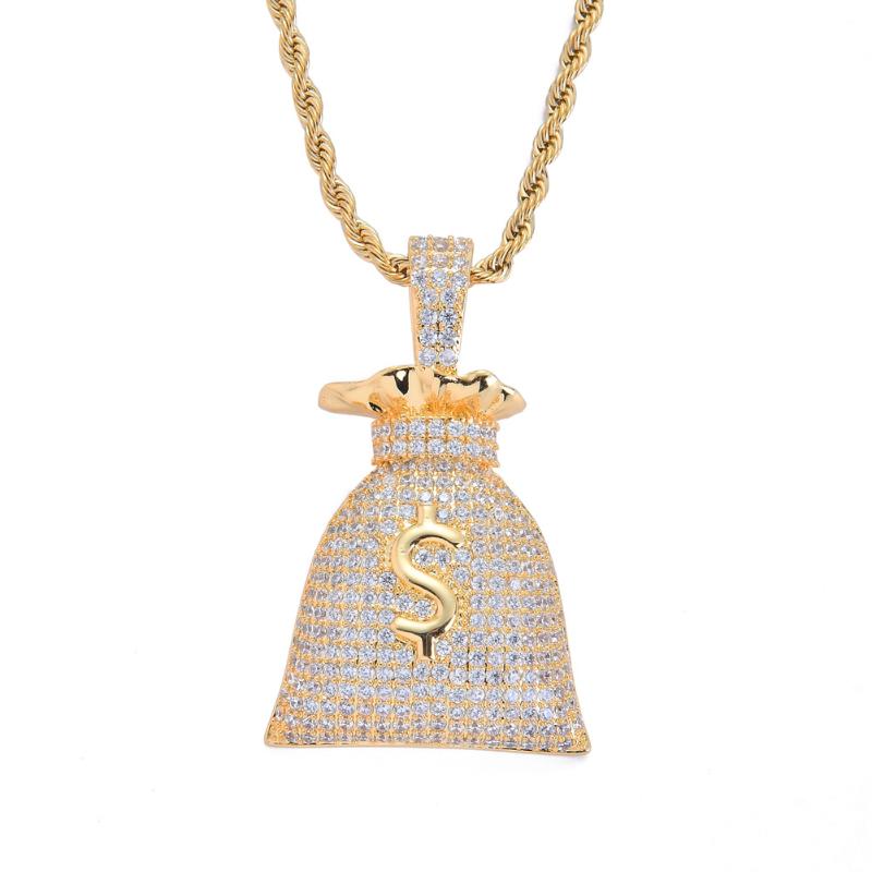 

Pendant Necklaces Men Iced Out $ Money Bag Necklace Pave + Cubic Zirconia Brass Gold Silver Color Hip Hop Jewelry