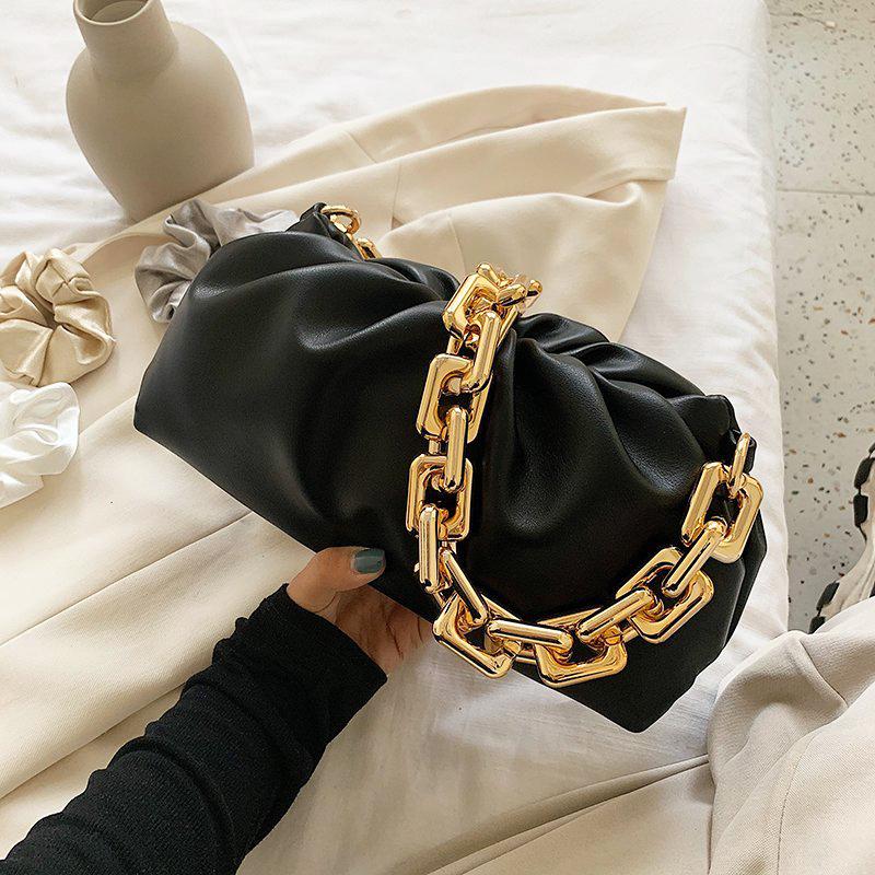 

Thick Gold Chain Women's Ruched Baguette Bag Summer PU Leather Crossbody Bags For Women 2021 Luxuury Elegant Shoulder Handbags Evening