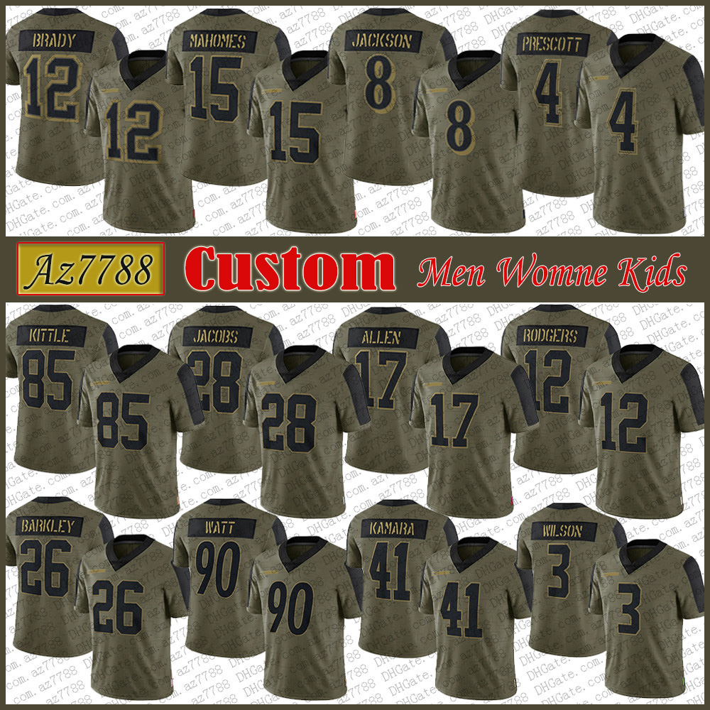 

Tom Brady Patrick Mahomes Custom Salute To Service Limited Football Jersey Lamar Jackson Aaron Rodgers Dak Prescott George Kittle Josh Allen Derek Carr Khalil Mack, Shown