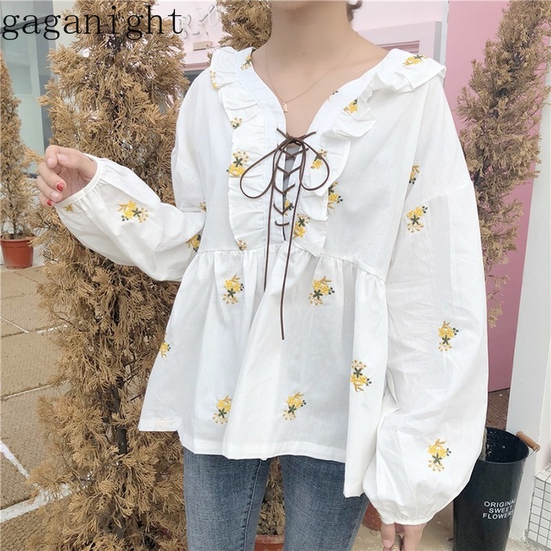 

Gaganight Sweet White Embroidery Flower Blouse Long Sleeve Lace Up Collar Casual Loose Shirt Spring Autumn Female Blusas Chic 210519, Red