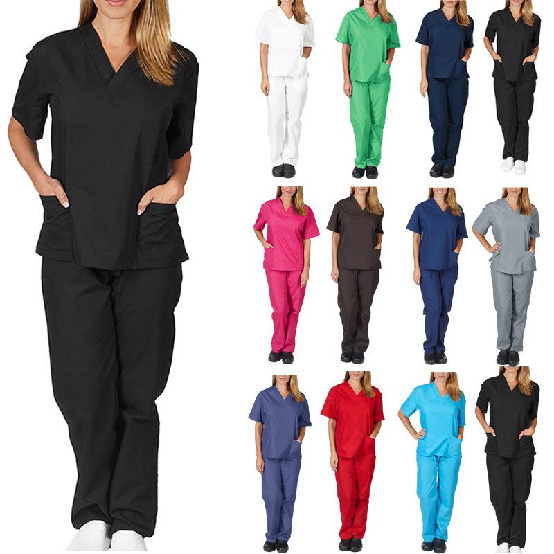 

Womens Two piece Work Fitness Sets Clothes Nursing Uniforms Scrubs Clothes Fashion Ladies Short Sleeve Tops V-neck Shirt Pants Hand Clothing, Navy