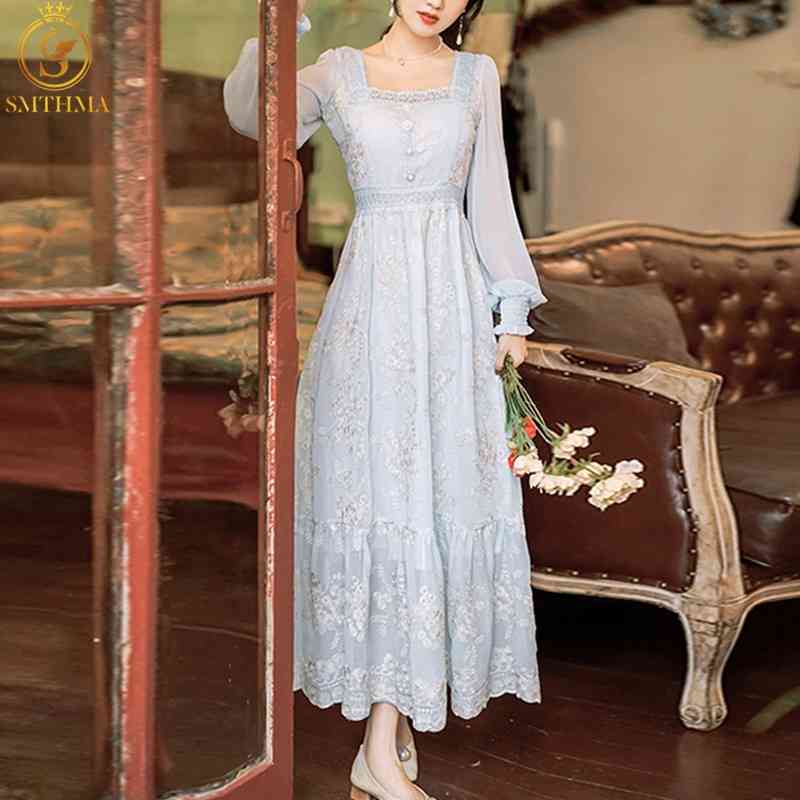 

Spring Girl Mesh Embroidery Flowers Long Sleeve Dress Women's Square Collar Casual Party Dresses Vestido 210520, Photo color