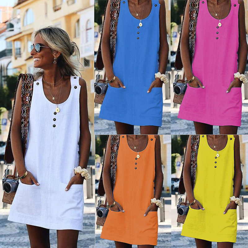 

Oufisun Summer Women Dress Fashion Sexy O-neck Sleeveless Mini Solid Color Button Pocket Ladies Loose Casual es 210517, Blue