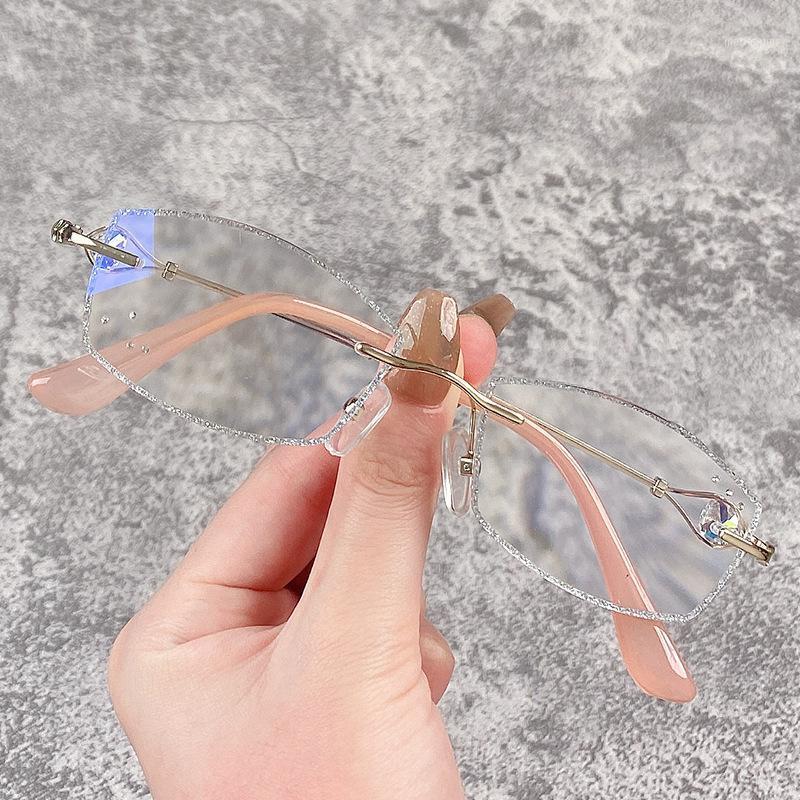 

Women Rimless Trimming Reading Glasses Pearly Presbyopia Eyewear Anti Blue Light Diamond Bright Reader Fashion Magnifier Sunglasses
