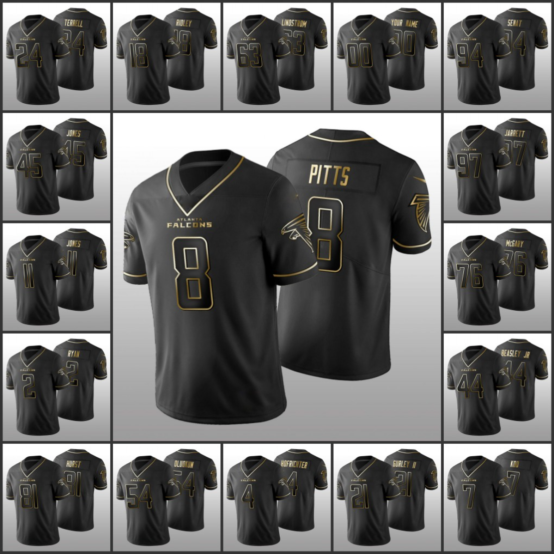 Atlanta„Falcons„Men Women Youth #2 Matt Ryan 8 Kyle Pitts 7 Younghoe Koo 21 Todd Gurley 18 Ridley Custom Black Golden Edition Jersey