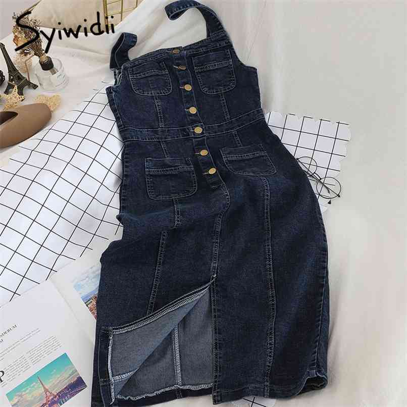 

Fashion High Waist Tank Denim Dresses Women Sashes Breasted Sleeveless Slit Blue A-line Clothes Summer Korean 210607
