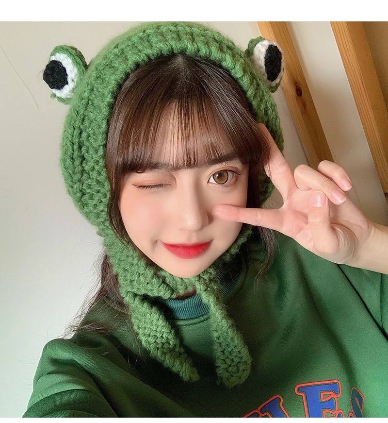 

Cute Knitted Frog Head band for Women Autumn Winter Warm Earmuffs for Adult Female Turban Bonnet Funny Hat, Blue;gray