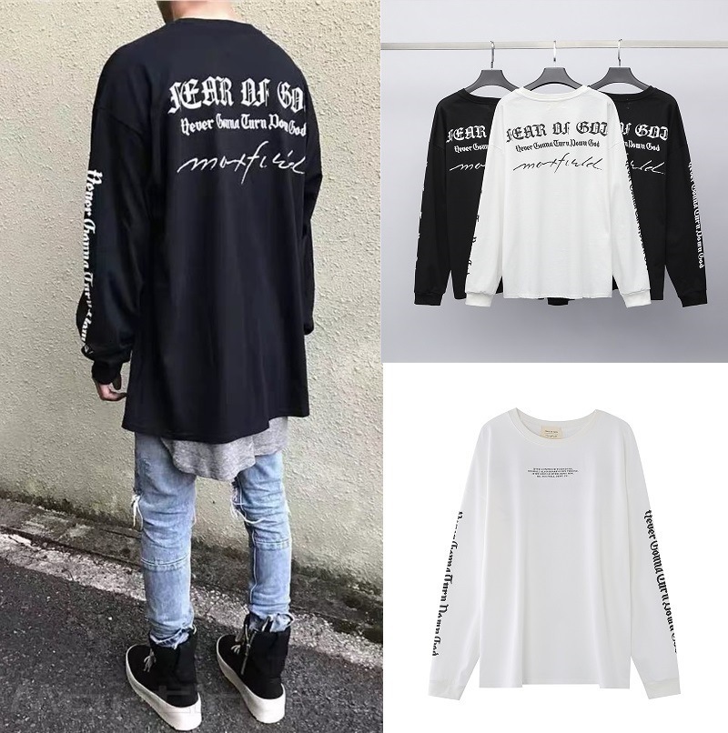 

t shirt high street oversize loose fog kanye same off shoulder letter print long sleeve for men and women, White;black