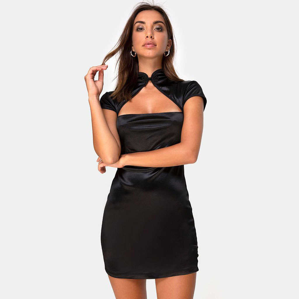 

Skinny Black Bodycon Women Mini Dress Split Side Halter Short Sleeve Harajuku Summer Ladies Dresses W9187 210526