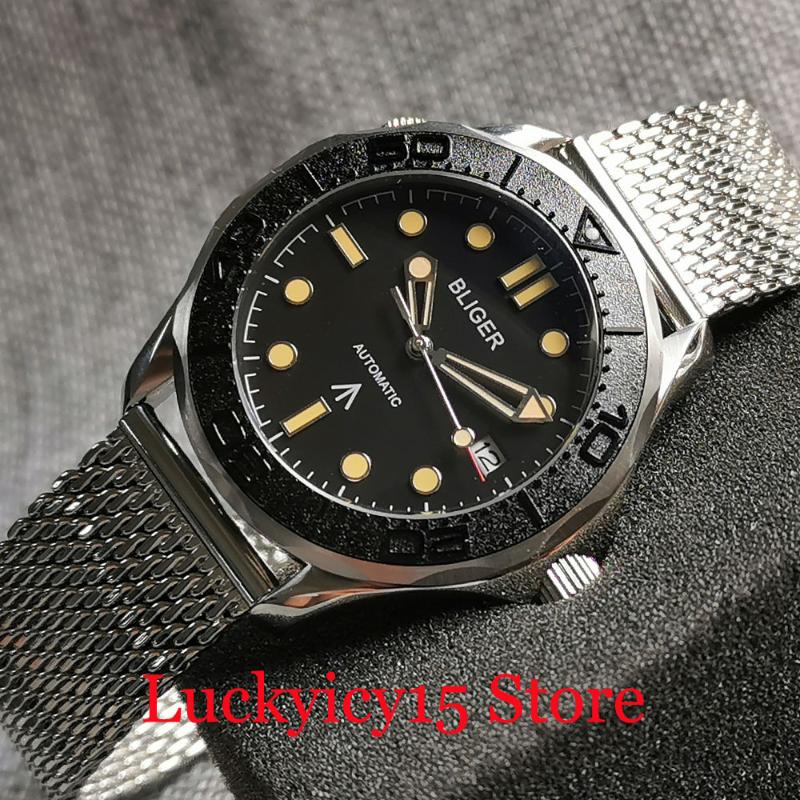 

Wristwatches Dress NH35A Yellow Marks 41mm Mechancial Men Watch Mesh Steel Bracelet Date Calendar Flat Sapphire Crystal, Logo