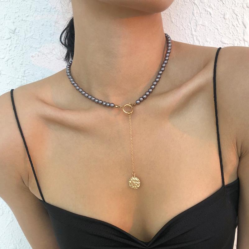 

Pendant Necklaces Lalynnly Luxury Coin Necklace Designer Black Color Imitation Round Pearl Choker Acrylic Neck Jewelry N8740