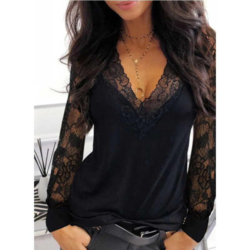 

Casual V-neck Lace Long Sleeve T-shirt for Women Spring Winter Clothes Sexy Solid Color Black Tee Shirt Office Lady Top 210518, Claret