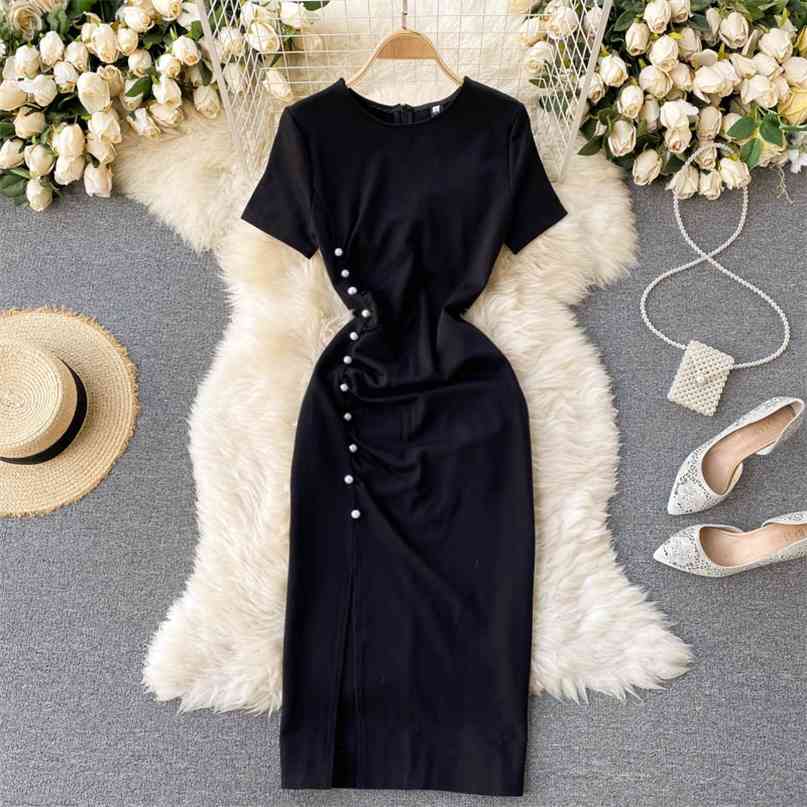 

Chic Women Black Dress Korean Style Round Neck Short Sleeve Pearls Decoration Slim Casual Work Party Split Midi 210603