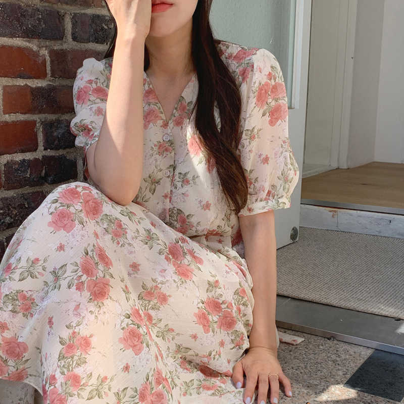 

Vintage Puff Sleeve Floral Dress Elegant Chiffon Women V-neck Korean Summer Slim Design Casual Beach Party Y2k 210604