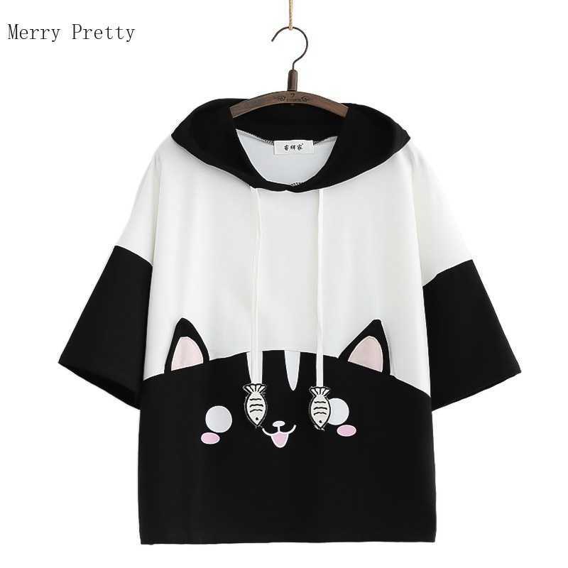 

Summer Short Sleeve Cotton Hoodies For Women Cartoon Embroidery Drawstring Hooded Sweatshirt Sweet Style Ladies Pllover Top 210526, Pink