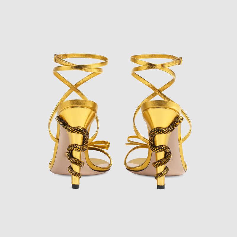 

European And American Wind Snake-shaped Winding With Bow Ribbon Temperament Gold Fine High Heel Sandals, Black