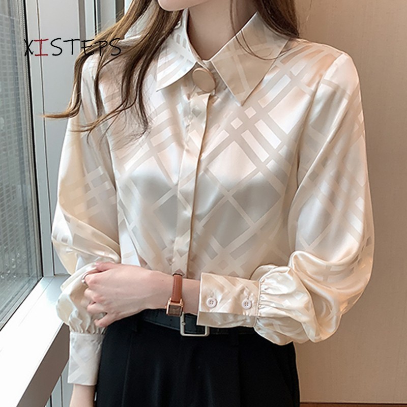 

Elegant Women Satin Blouses Shirts Designer Ladies Chiffon Female Tops Fashion Office Lady Work Wear Clothes, Apricot