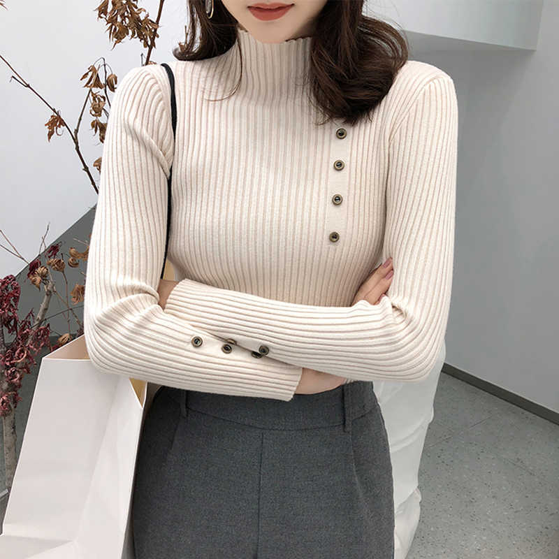 

shintimes Button Long Sleeve Women Sweater Knitted Turtleneck High Elastic Solid Winter Fashion Pullovers 210615, Apricot