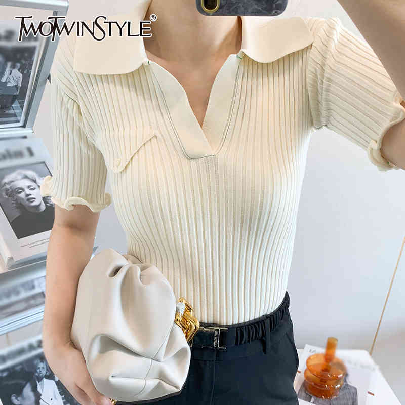 

TWOWINSYLE Elegant White Knitted Shirt For Women V Neck Short Sleeve Korean Slim Shirts Female Summer Fashion Clothes 210524