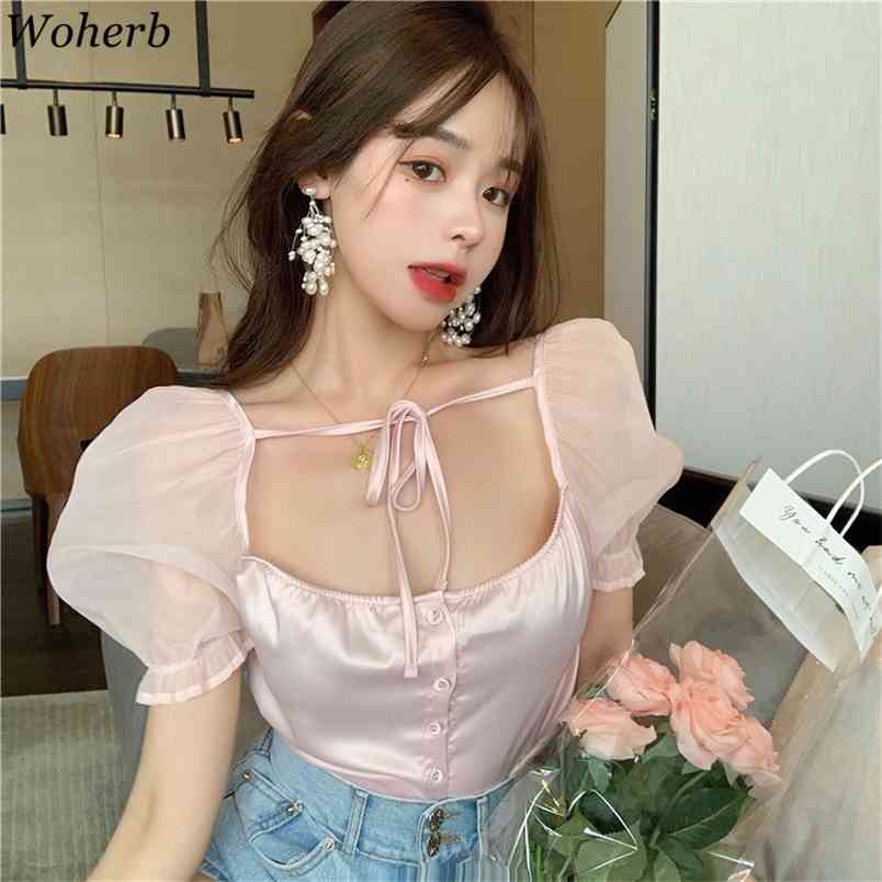 

Square Collar Bandage Shirt Korean Elegant Summer Puff Sleeve Blusas Mujer Vintage Women Sexy Blouses Streetwear 210519, Pink