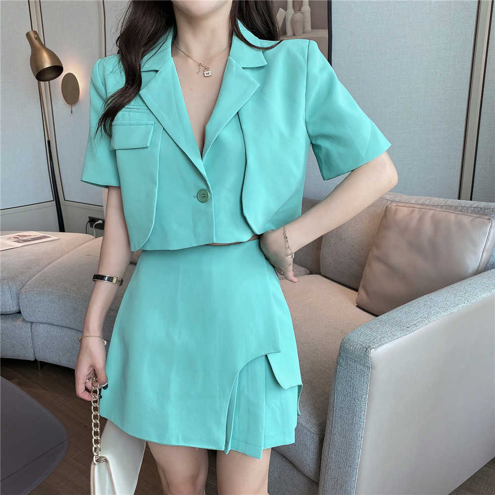 

Summer Fashion Office OL Sets Women Notched Collar Short Sleeve Blazers Coat + High Waist Mini Skirts 2 Piece Set 210526, White