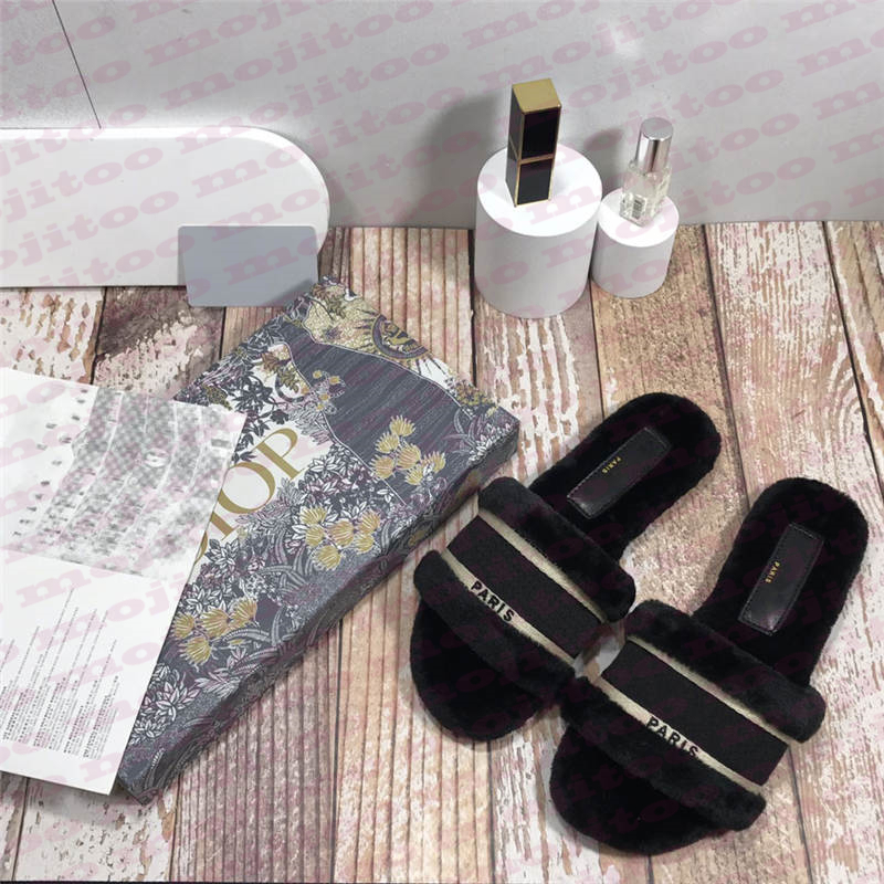 

Embroidery Letter Wool Sandals Slippers For Women Home Indoor Shoes Designer Brand Ladies Flip Flops With Box