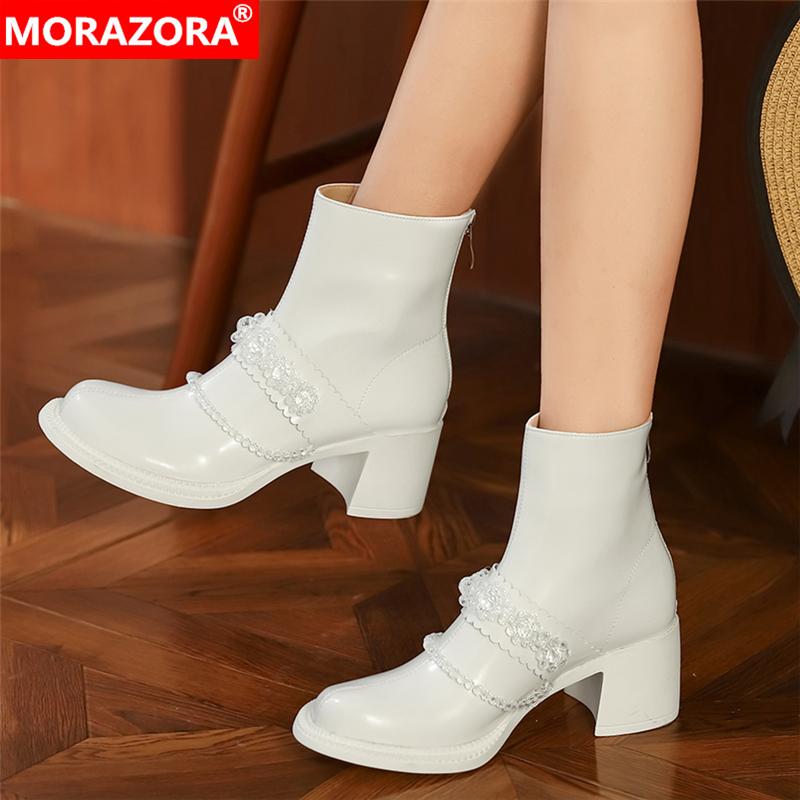

Boots MORAZORA Full Genuine Leather Women Round Toe High Heels Black White Zip Ladies Ankle For Shoes
