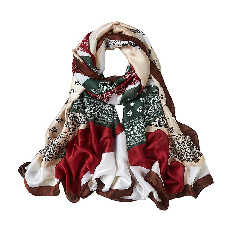 

Scarves 180*90cm Spring 2021 Silk Luxury Scarf Women Satin Cashew Color Printed Big Size Kerchief Hijab Professional Gift Female
