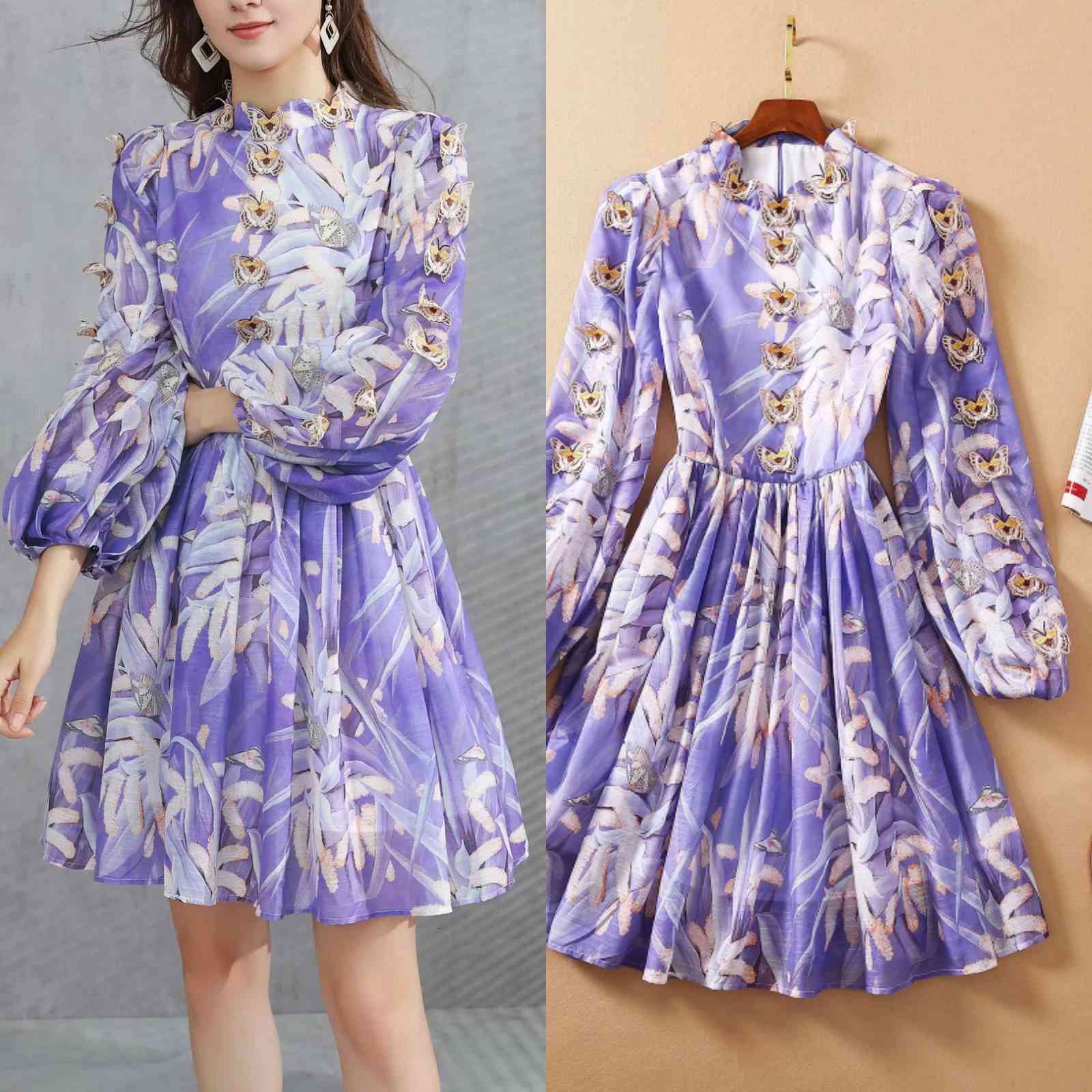 

Street Style Dresses ZIM dress Australia spring retro style stand-up collar three-dimensional butterfly embroidered lantern sleeves 2GRG, Purple